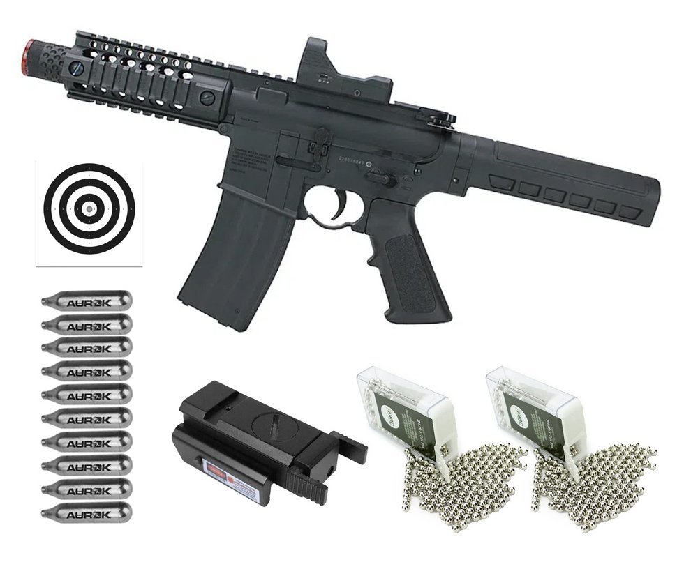 Rifle de Pressão CO2 M4 MPW A4-P Full Auto Blowback 4,5 + Co2 + BBS + Capa  + Alvos + Laser