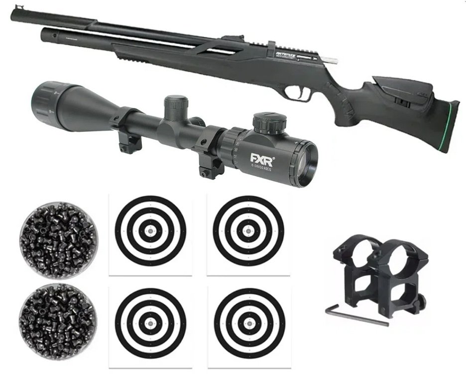 Carabina de Pressão PCP Artemis T-REX 5.5 com VR + Luneta 6-24x50 + Chumbo + Alvos