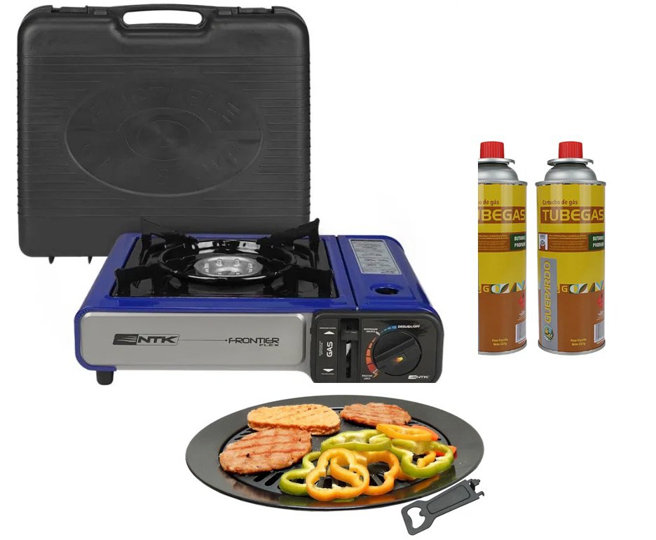 Fogareiro Frontier Portatil Para Cozinha E Camping Azul + Refil + Grill Plate