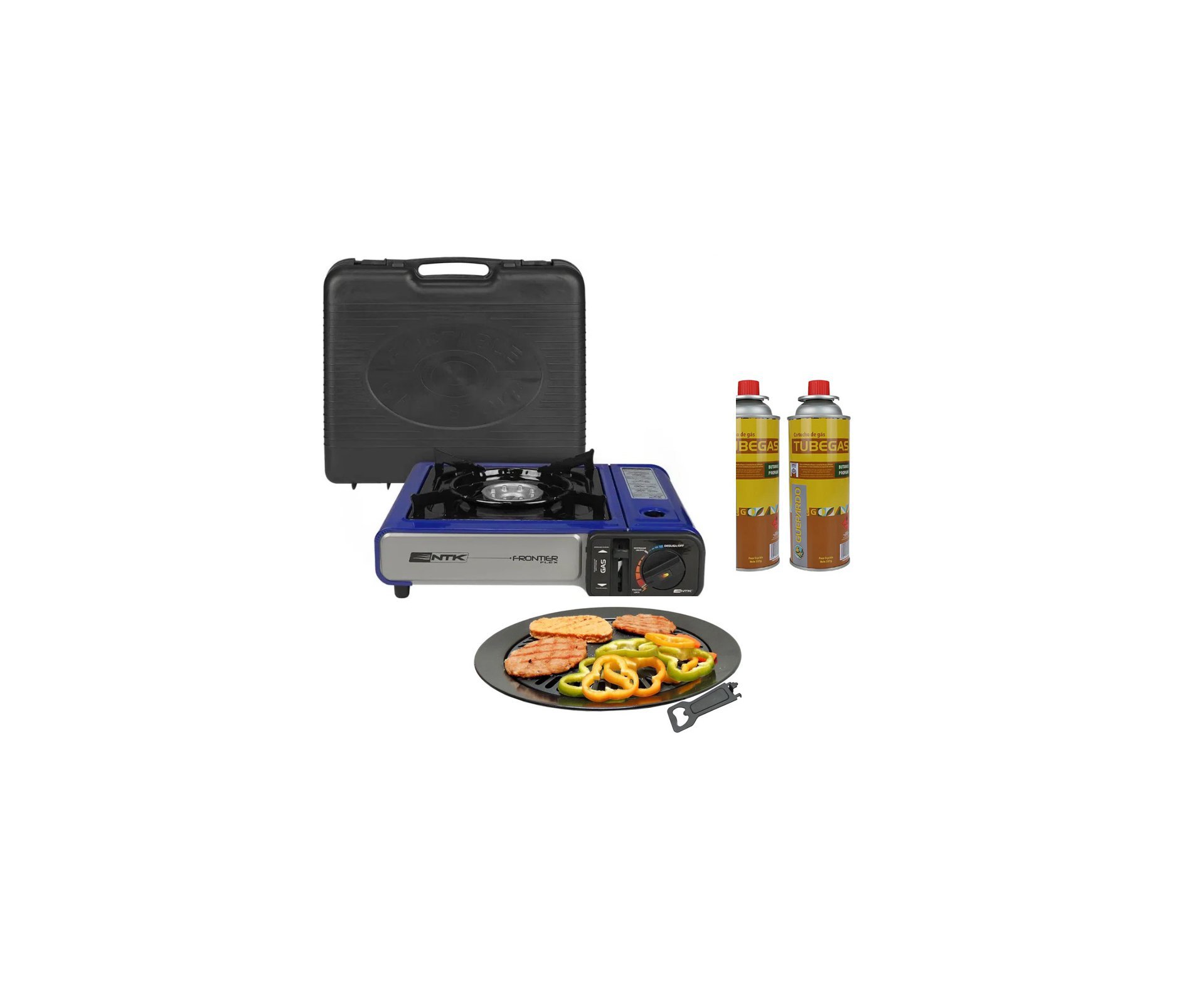 Fogareiro Frontier Portatil Para Cozinha E Camping Azul + Refil + Grill Plate