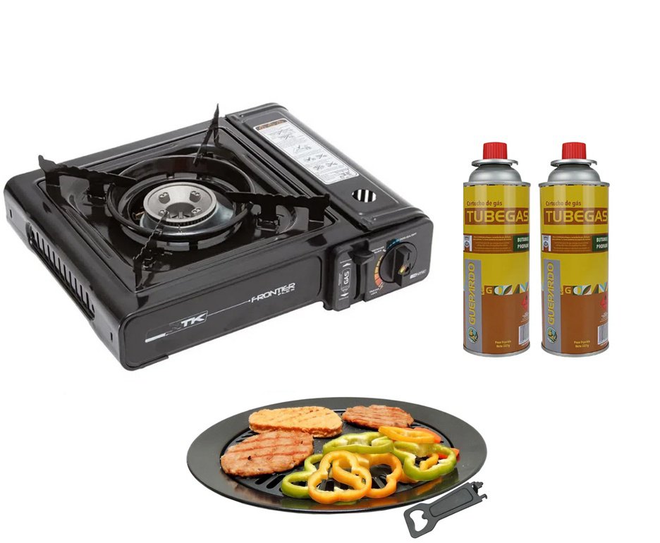 Fogareiro Frontier Portatil Para Cozinha E Camping Preto + Refil + Grill Plate