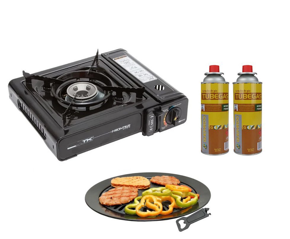 Fogareiro Frontier Portatil Para Cozinha E Camping Preto + Refil + Grill Plate