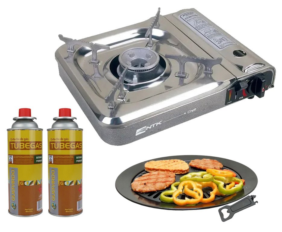 Fogareiro Cheff Com Base Inox + Refil + Grill Plate