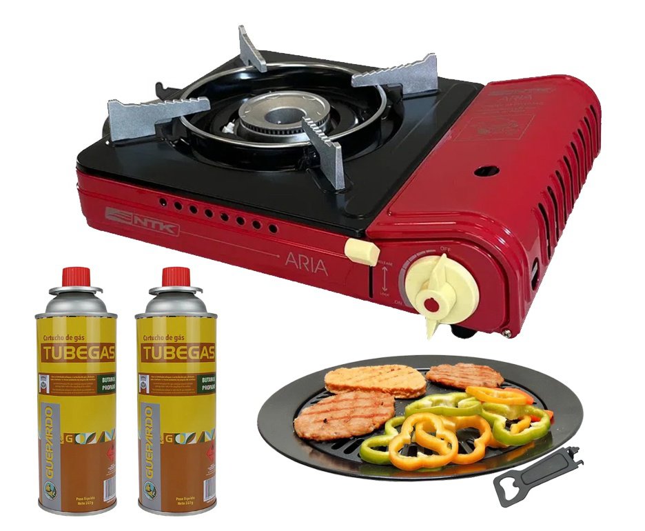 Fogareiro Aria camping, pesca e Cozinha com ignição eletrônica + Refil + Grill Plate