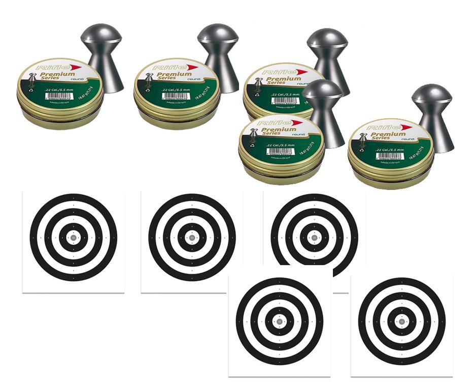 Kit 5 Chumbinho Rifle Premium Series Round 5,5mm - 125 Und + 50 Alvos