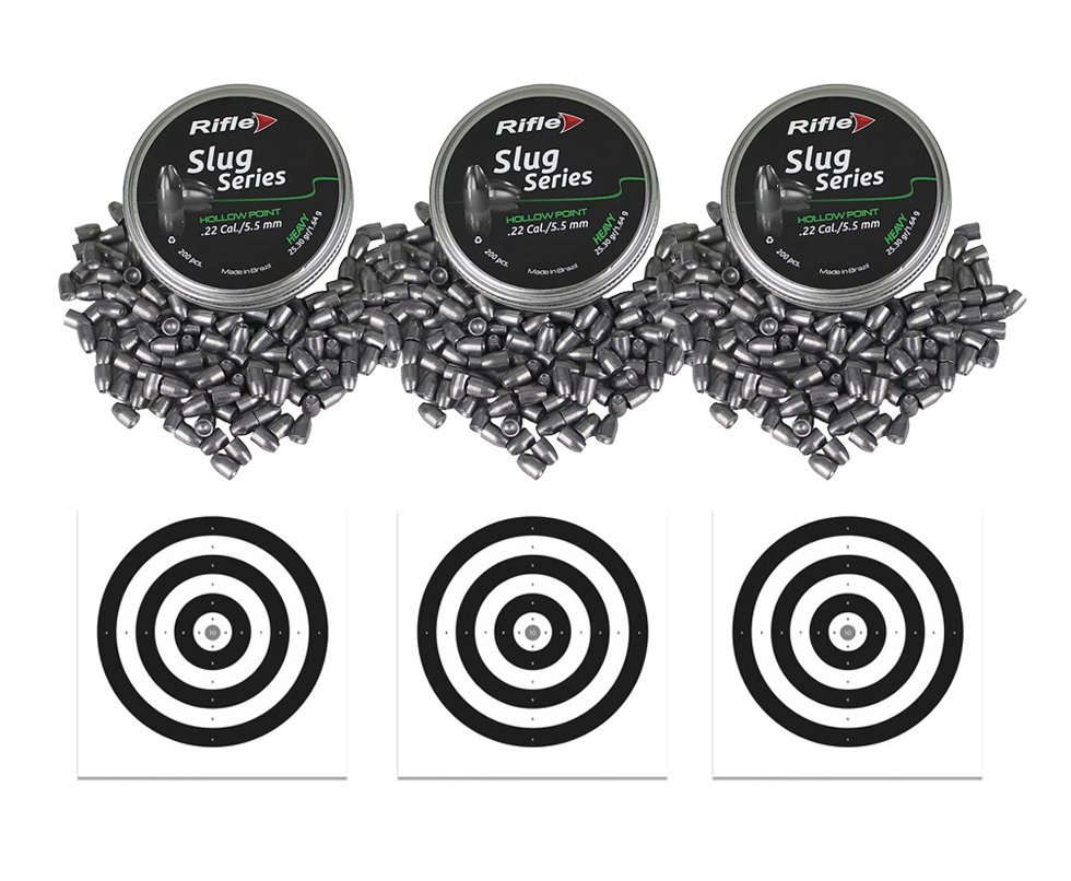 Kit 3 Chumbinho Rifle Slug Hollow Point Heavy premium 5.5 com 200und + 30 Alvos