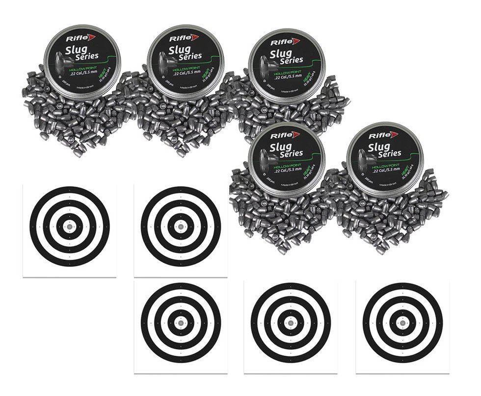 Kit 5 Chumbinho Rifle Slug Hollow Point Heavy premium 5.5 com 200und + 50 Alvos