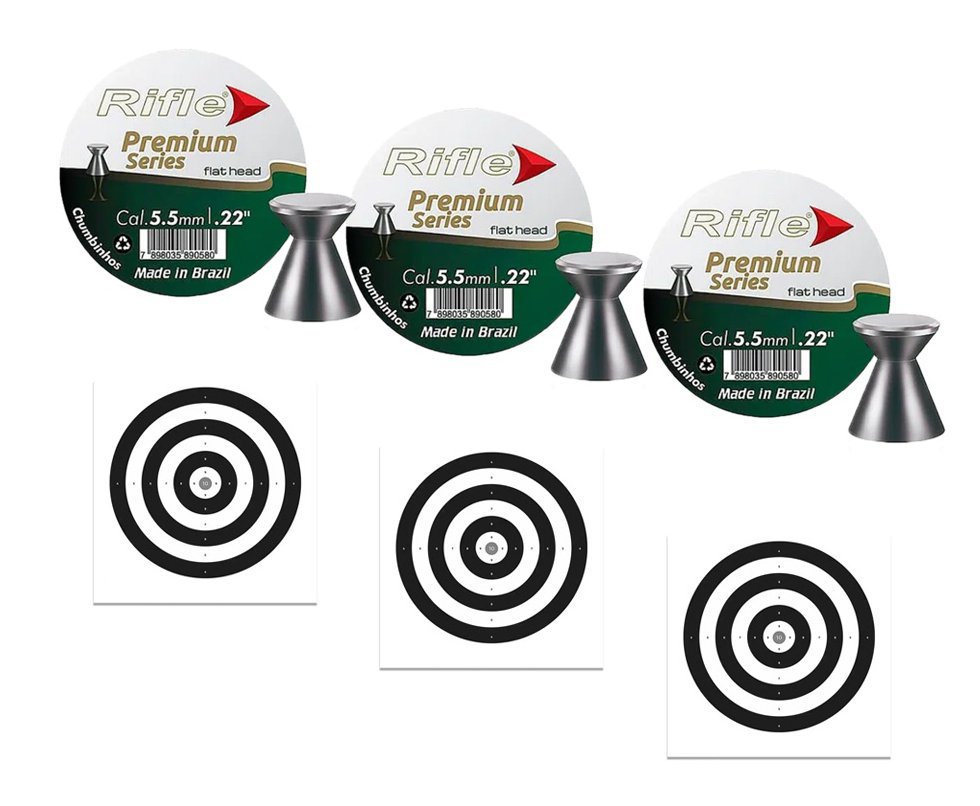 Kit 3 Chumbinho Rifle Premium Series Flat Head 5,5mm - 125 und + 30 alvos