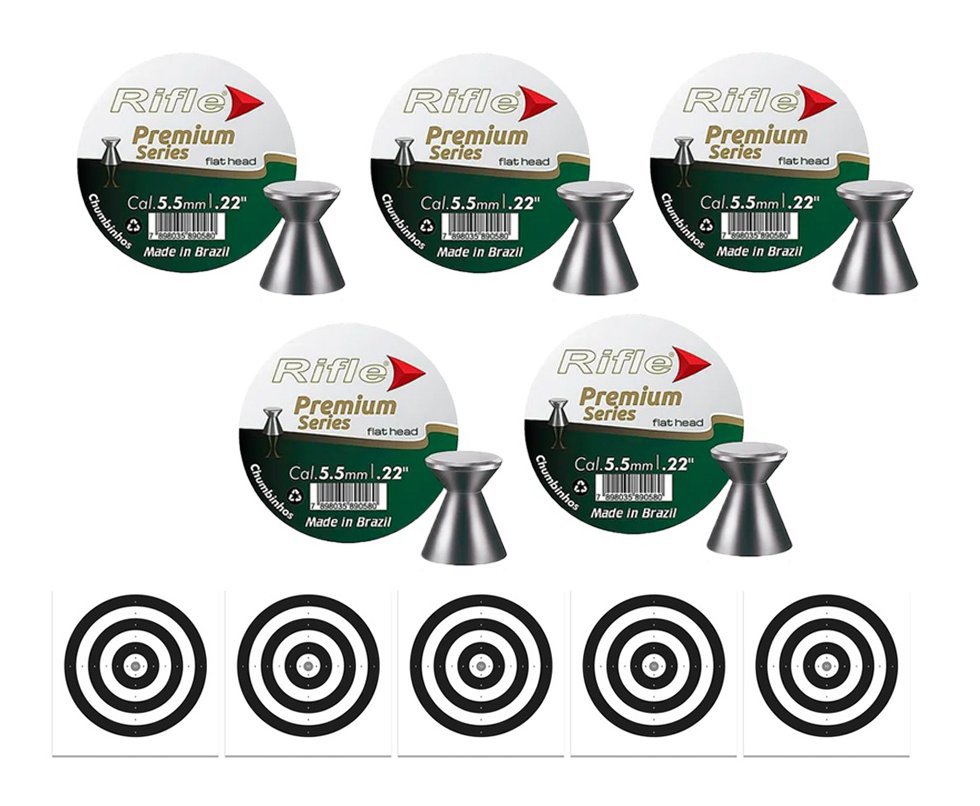 Kit 5 Chumbinho Rifle Premium Series Flat Head 5,5mm - 125 und + 50 Alvos