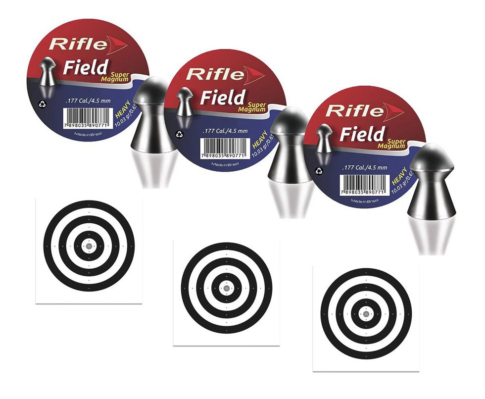 Kit 3 Chumbinho Rifle Super Magnum Field 4,5mm - 250 Und + 30 Alvos