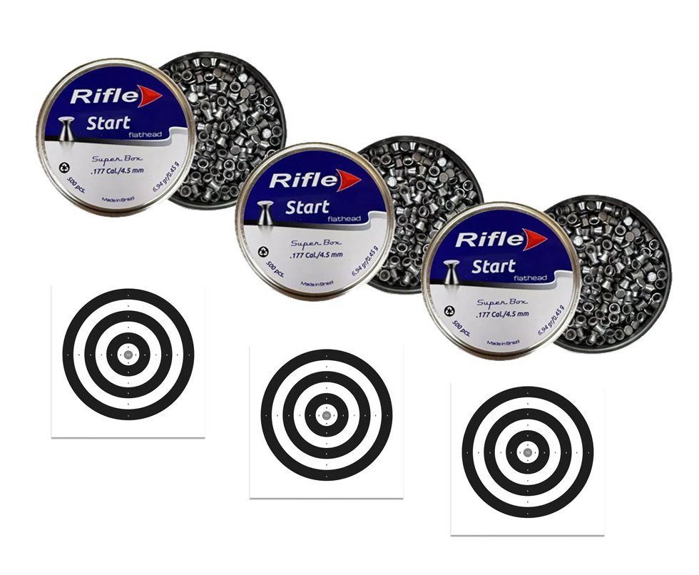 Kit 3 Chumbinho Rifle Start Flathead SB 4.5mm 500 und + 30 Alvos