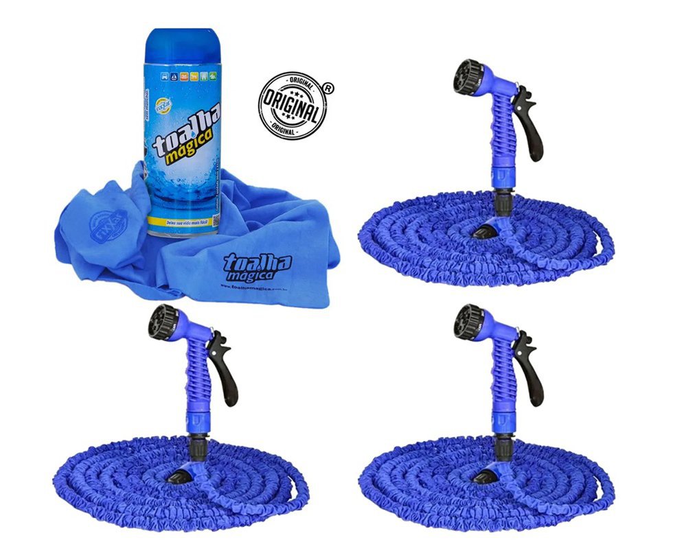 Kit 3 Mangueiras Magica 15 Metros Com Esguicho E Conectores + Toalha Mágica seca carro