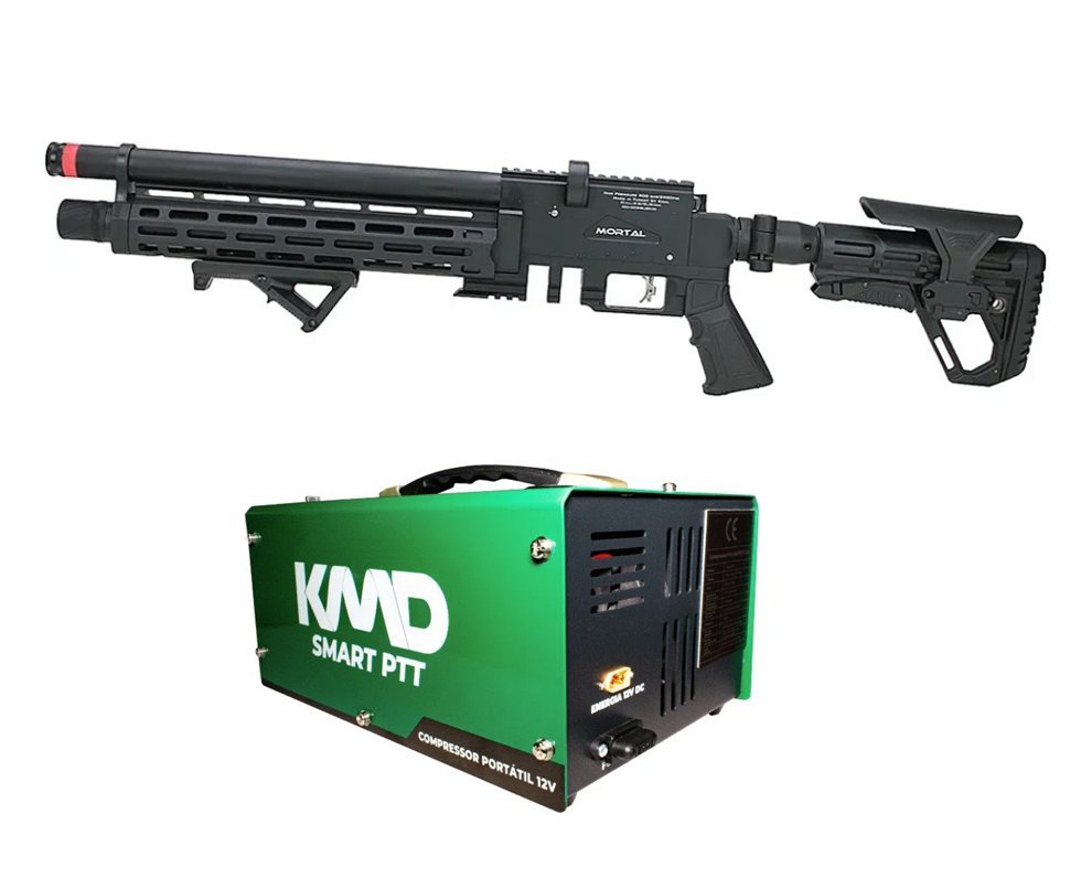 Carabina de Pressão PCP Puncher Mortal X Tactical 5.5 mm - Kral Arms + Compressor portátil 300BAR 110V/220V/12V