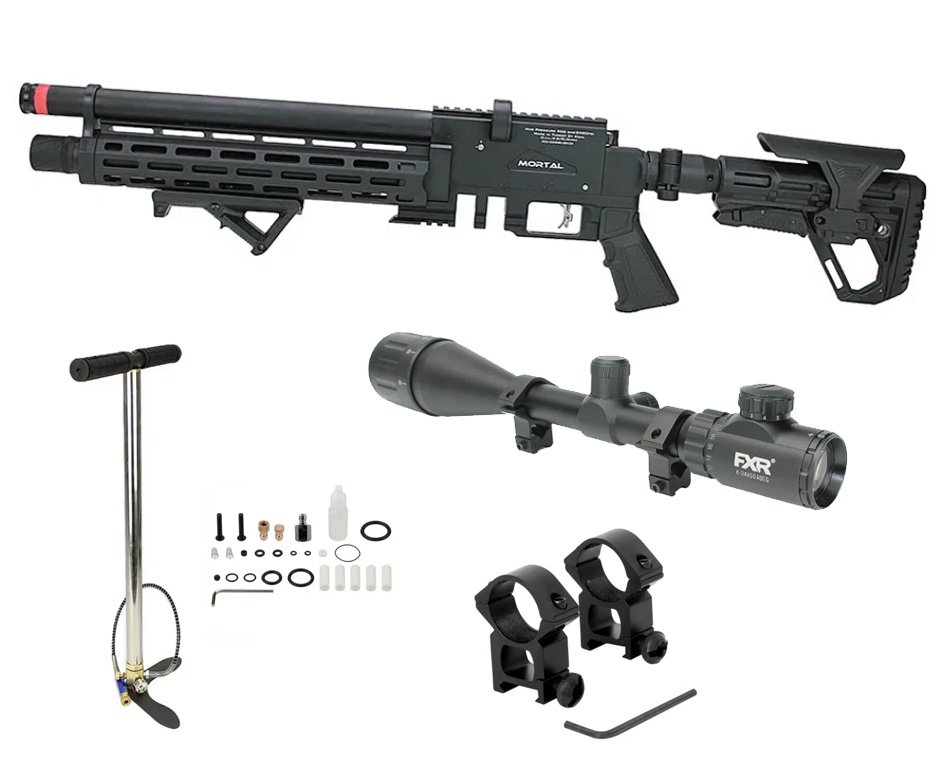 Carabina de Pressão PCP Puncher Mortal X Tactical 5.5 mm - Kral Arms + Bomba + Luneta 6-24x50