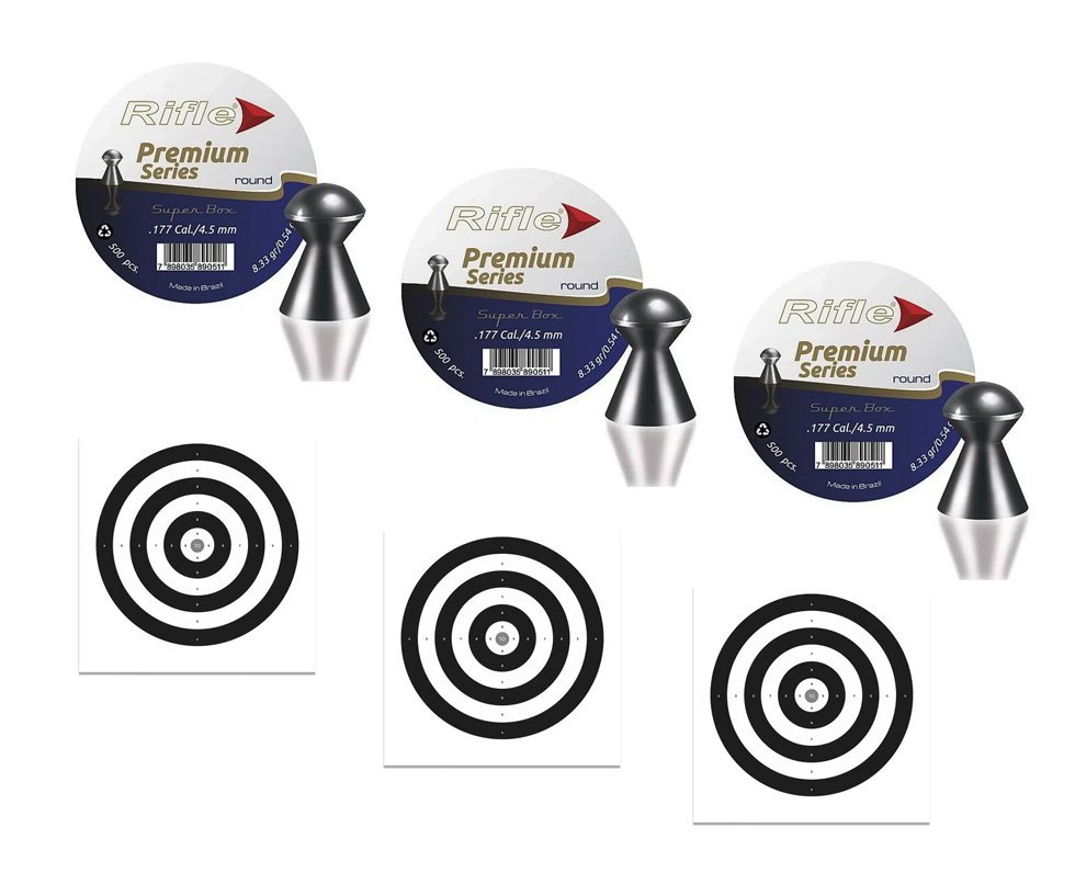 Kit 3 Chumbinho Rifle Premium Series Round Super Box 4,5mm - 500 Un + 30 Alvos