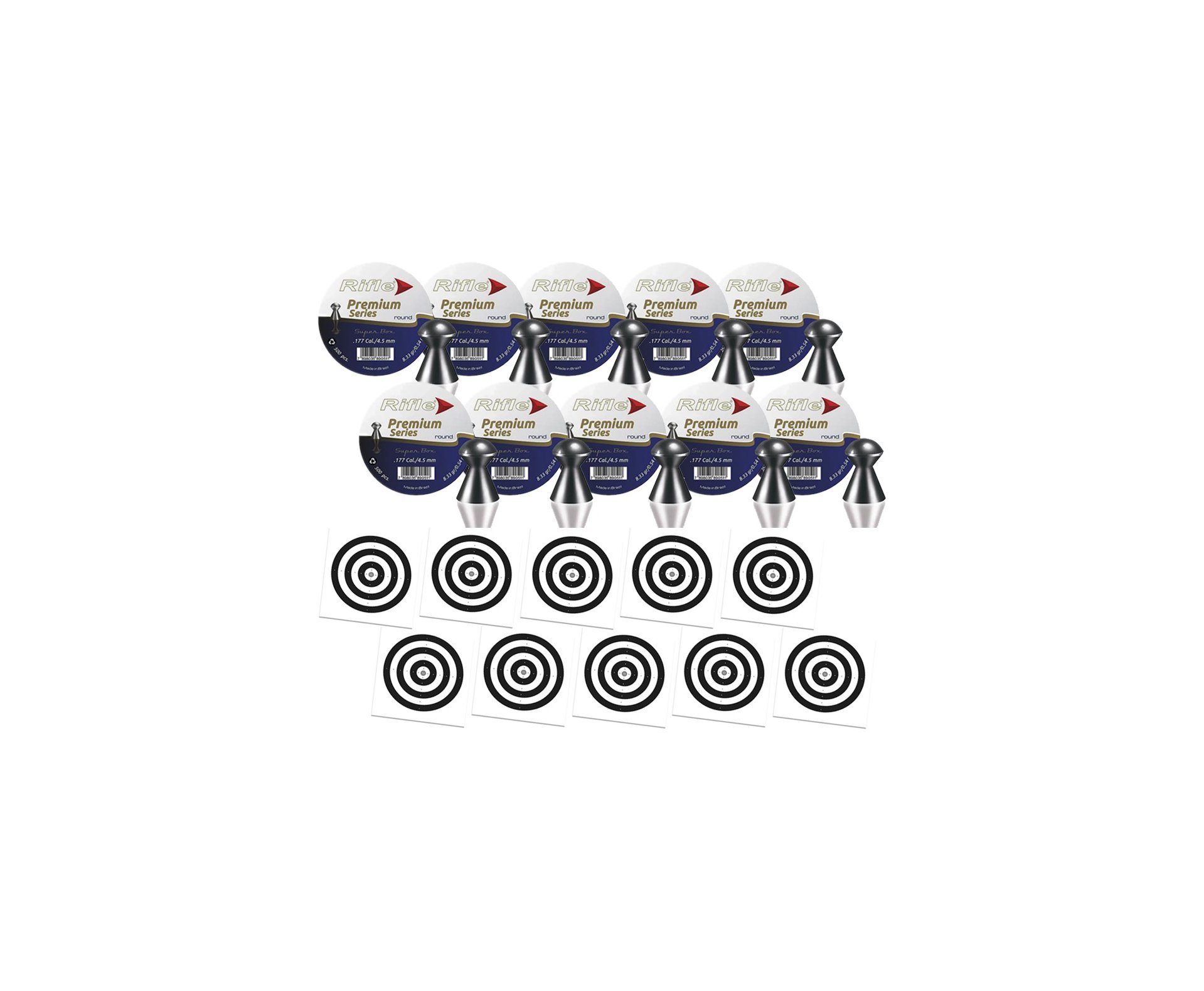 Kit 10 Chumbinho Rifle Premium Series Round Super Box 4,5mm - 500 Un + 100 Alvos