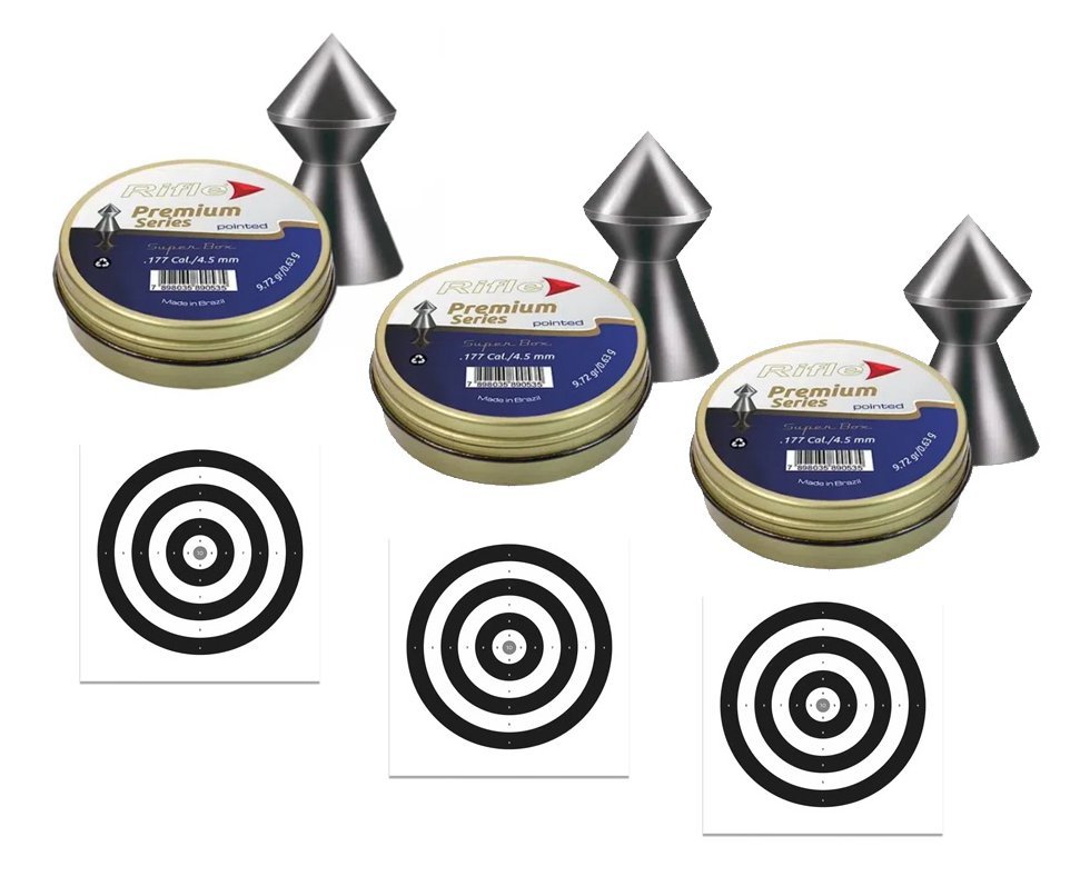 Kit 3 Chumbinho Rifle Premium Series Pointed 4,5mm - 250 Un + 30 Alvos