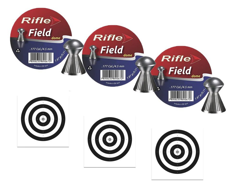 Kit 3 Chumbinho Rifle Field  Dome 4,5mm - 250 Un + 30 Alvos