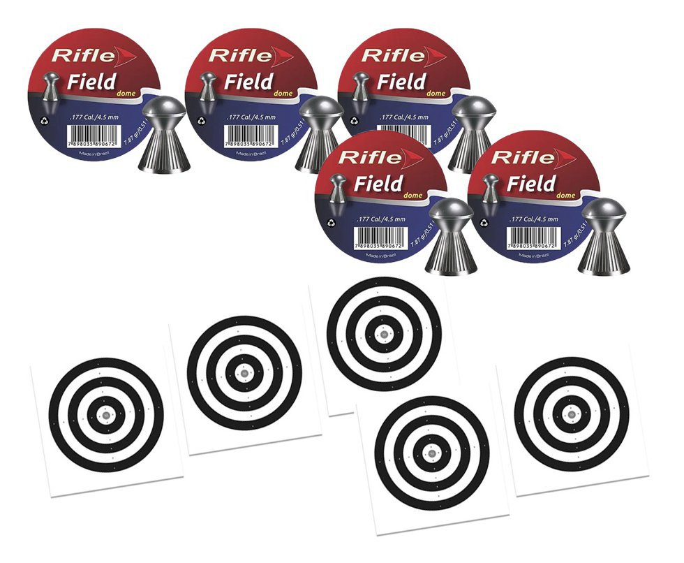 Kit 5 Chumbinho Rifle Field  Dome 4,5mm - 250 Un + 50 Alvos
