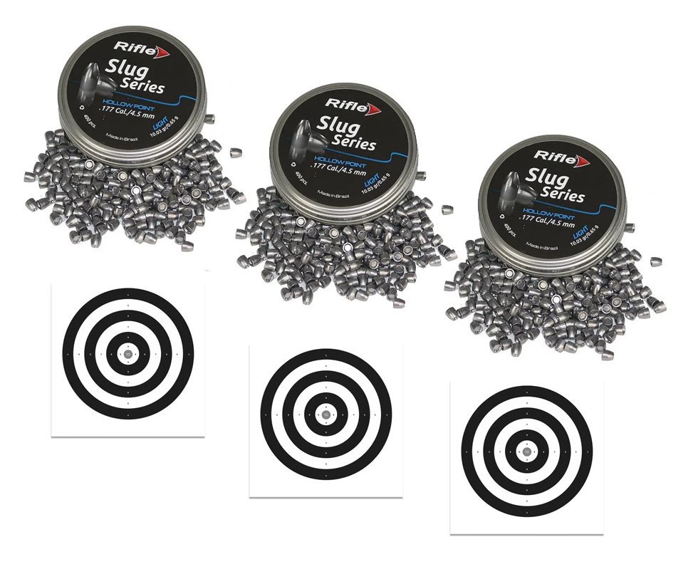 Kit 3 Chumbinho Rifle Slug Ligth Hollow Point 4,5mm com 400und + 30 Alvos