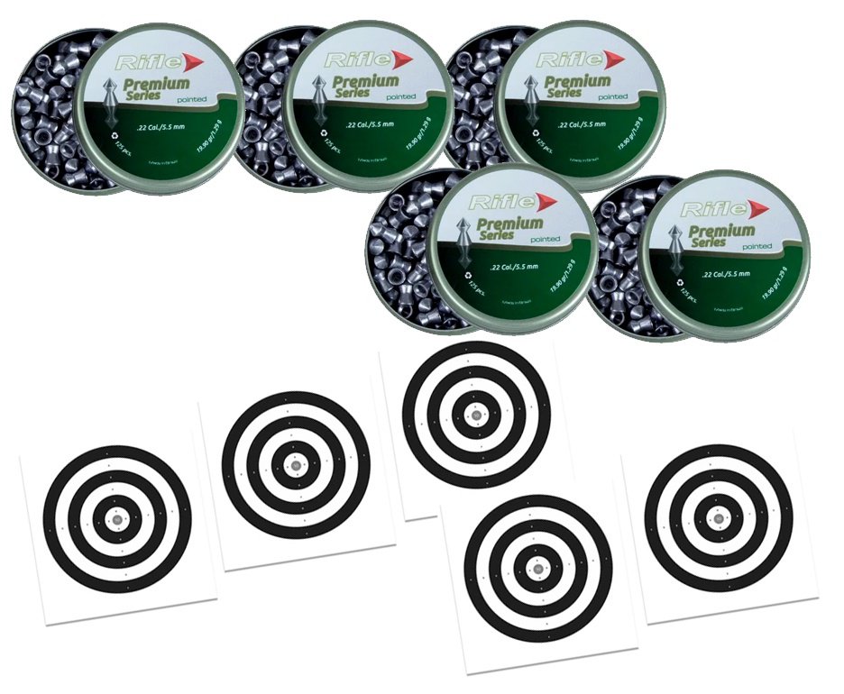 Kit 5 Chumbinho Rifle Premium Series 5,5mm Pointed - 125 unidades + 50 Alvos