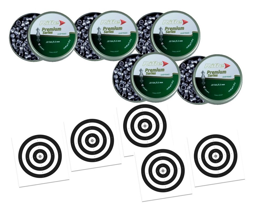 Kit 5 Chumbinho Rifle Premium Series 5,5mm Pointed - 125 unidades + 50 Alvos