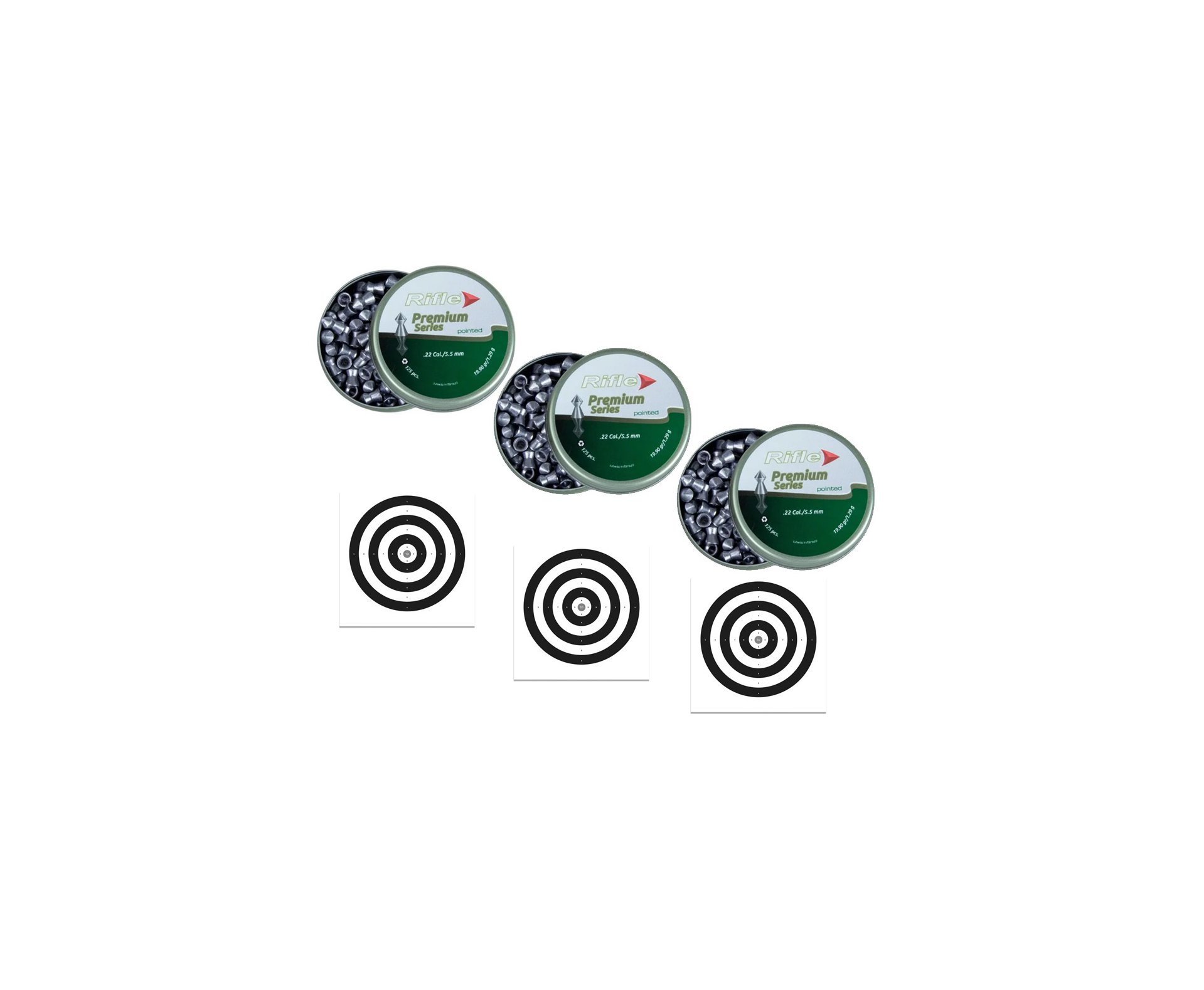 Kit 3 Chumbinho Rifle Premium Series 5,5mm Pointed - 125 unidades + 30 Alvos