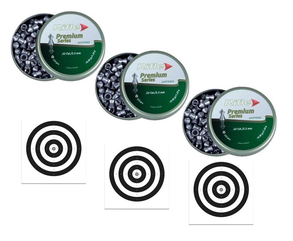 Kit 3 Chumbinho Rifle Premium Series 5,5mm Pointed - 125 unidades + 30 Alvos