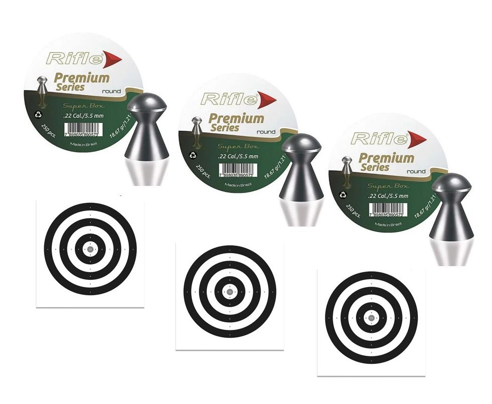 Kit 3 Chumbinho Rifle Premiun Series 5,5mm Round Super Box - 250 Unds + 30 Alvos