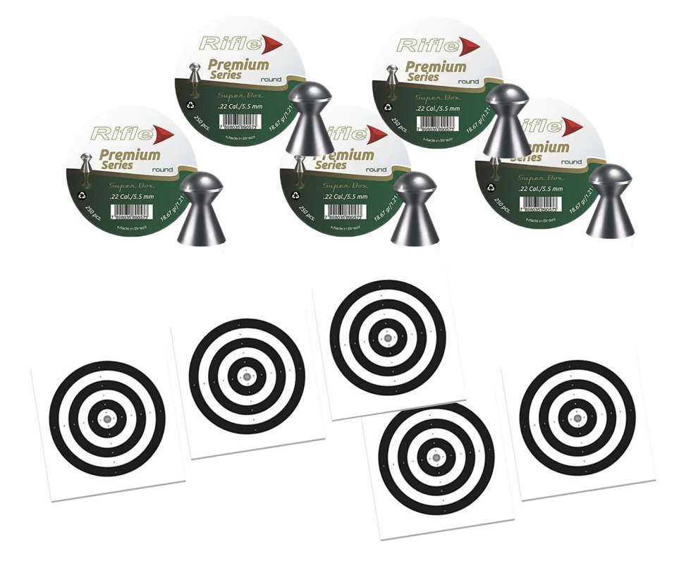 Kit 5 Chumbinho Rifle Premiun Series 5,5mm Round Super Box - 250 Unds + 50 Alvos