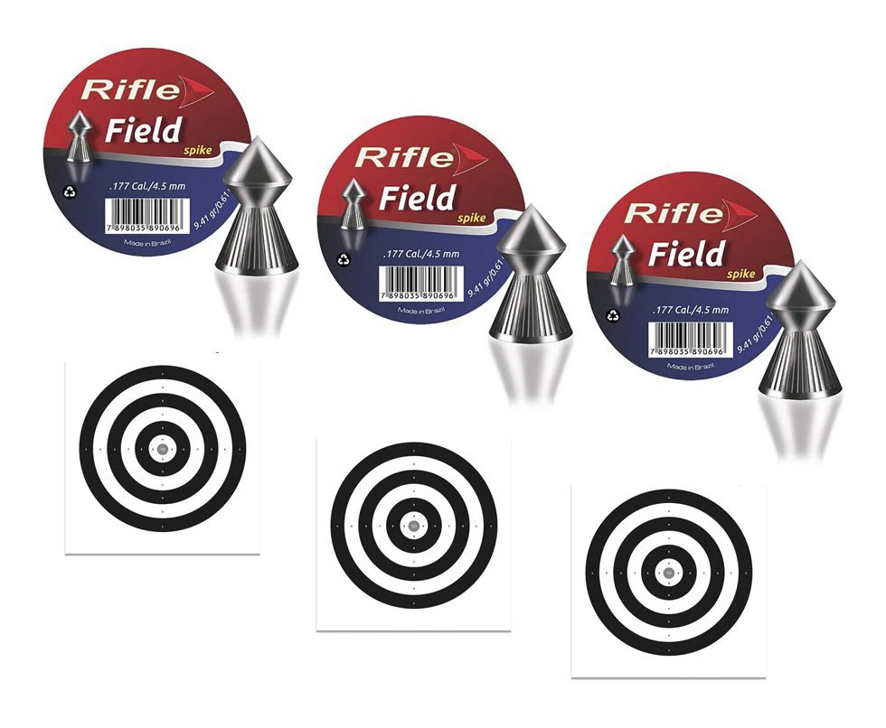Kit 3 Chumbinho Rifle Field Spike 4,5mm - 250 Un + 30 Alvos