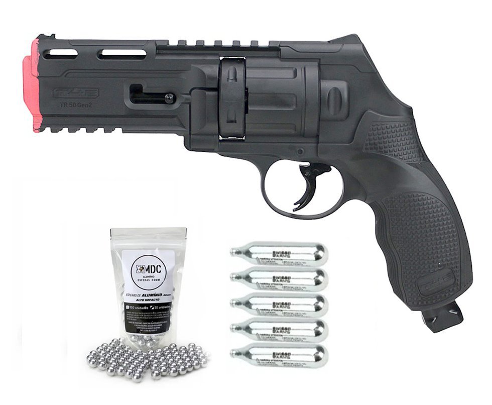 Revólver de Pressão CO2 HDR T4F .50 GEN2 Defense Umarex LTL + Esfera de Alumínio 0.50 + Co2