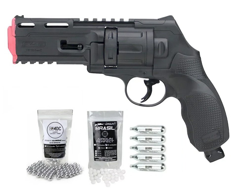 Revólver de Pressão CO2 HDR T4F .50 GEN2 Defense Umarex LTL + Esfera de Alumínio 0.50  + Co2 + Esfera Munição BBS HDP/HDR Paintball .50