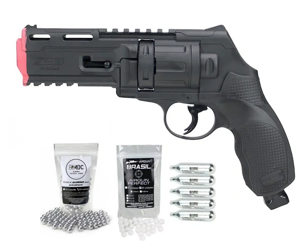 Revólver de Pressão CO2 HDR T4F .50 GEN2 Defense Umarex LTL + Esfera de Alumínio 0.50 + Co2 + Esfera Munição BBS HDP/HDR Paintball .50