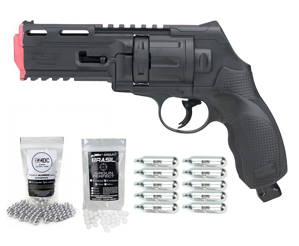 Revólver de Pressão CO2 HDR T4F .50 GEN2 Defense Umarex LTL + Esfera de Alumínio 0.50  + Co2 + Esfera Munição BBS HDP/HDR Paintball .50