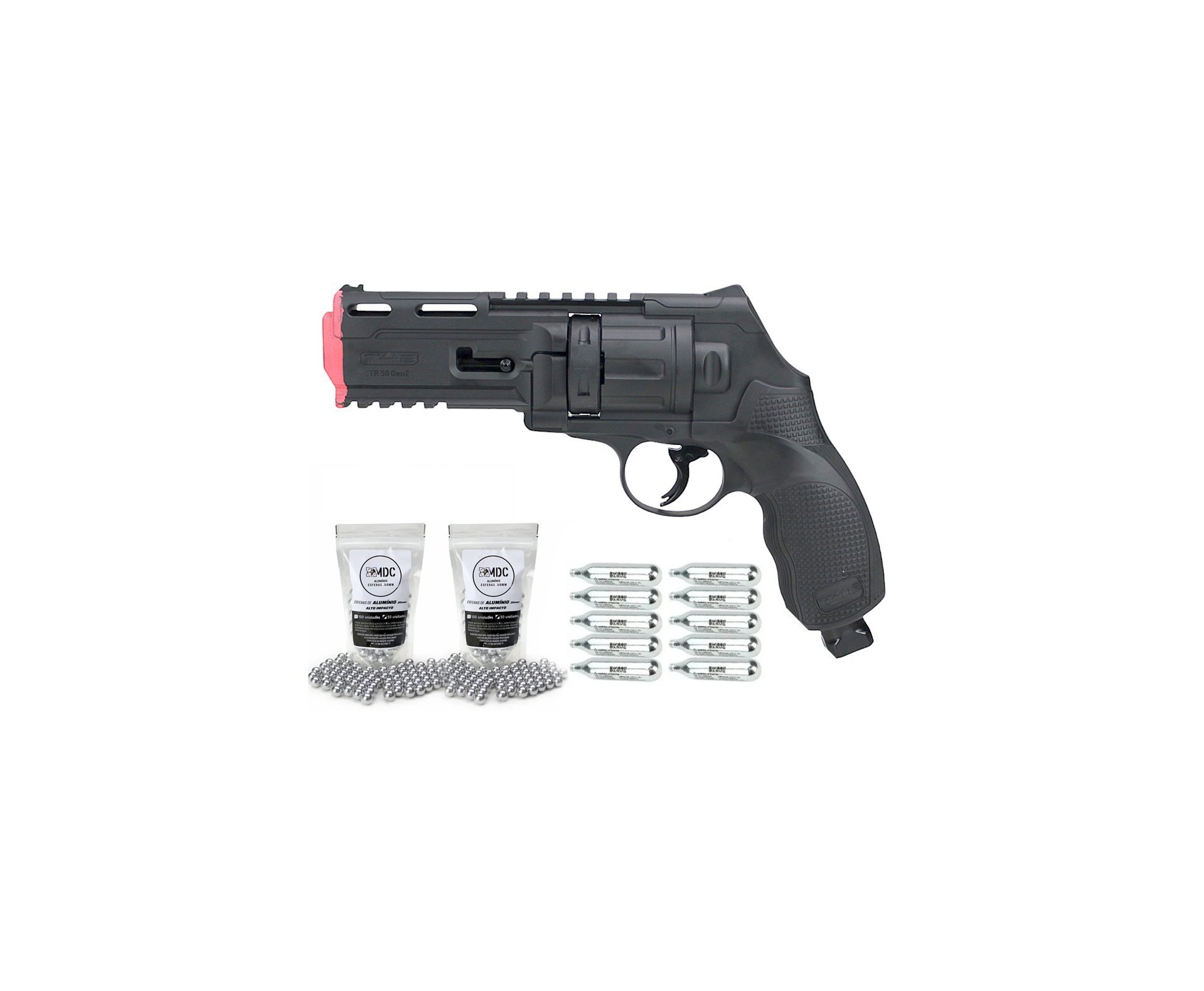 Revólver de Pressão CO2 HDR T4F .50 GEN2 Defense Umarex LTL + 100 unds Esfera de Alumínio 0.50 + 10 Co2