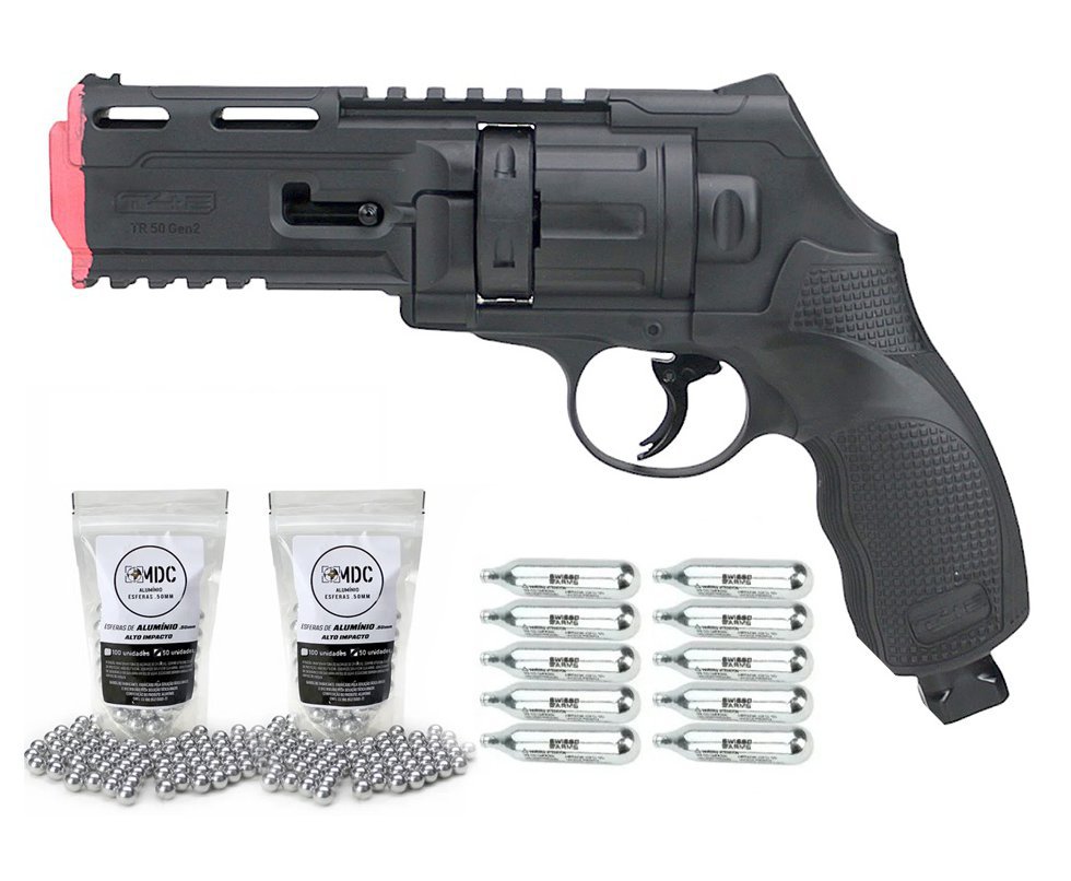 Revólver de Pressão CO2 HDR T4F .50 GEN2 Defense Umarex LTL + 100 unds Esfera de Alumínio 0.50 + 10 Co2