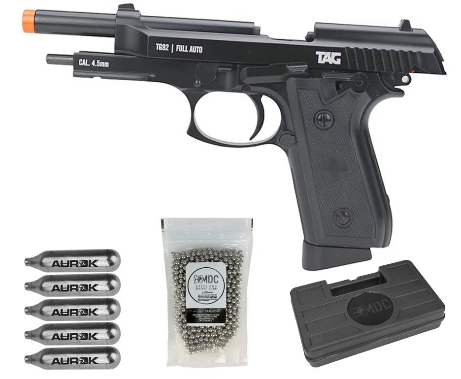 Pistola de Pressão CO2 PT92 Full Auto 4,5mm Blowback Metal TG92 KWC TAG + Co2 + BBs + Case