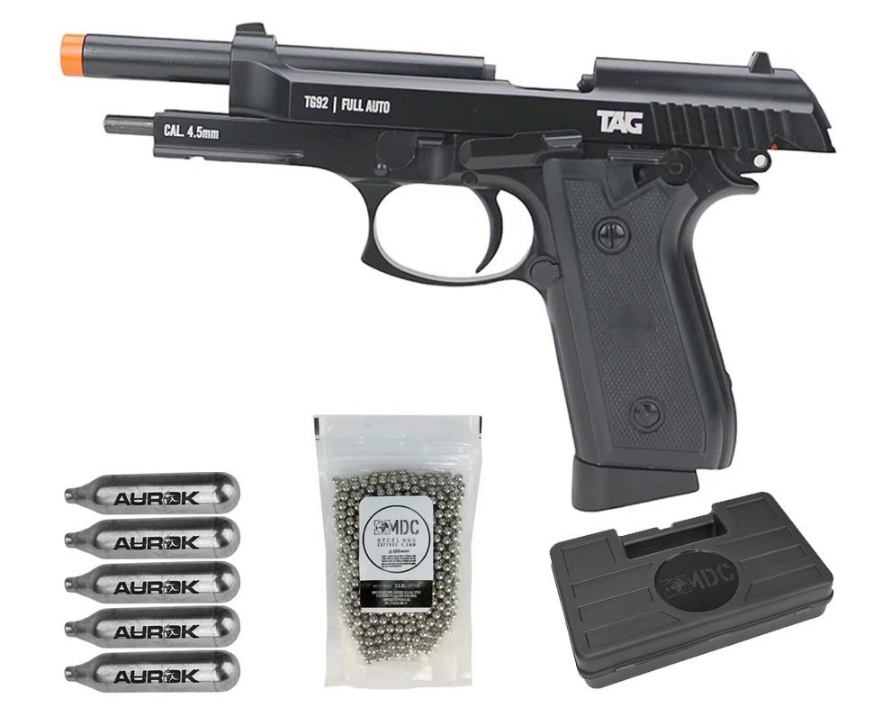 Pistola de Pressão CO2 PT92 Full Auto 4,5mm Blowback Metal TG92 KWC TAG + Co2 + BBs + Case