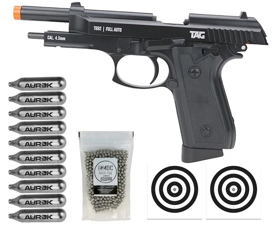 Pistola de Pressão CO2 PT92 Full Auto 4,5mm Blowback Metal TG92 KWC TAG + Co2 + BBs + Alvos