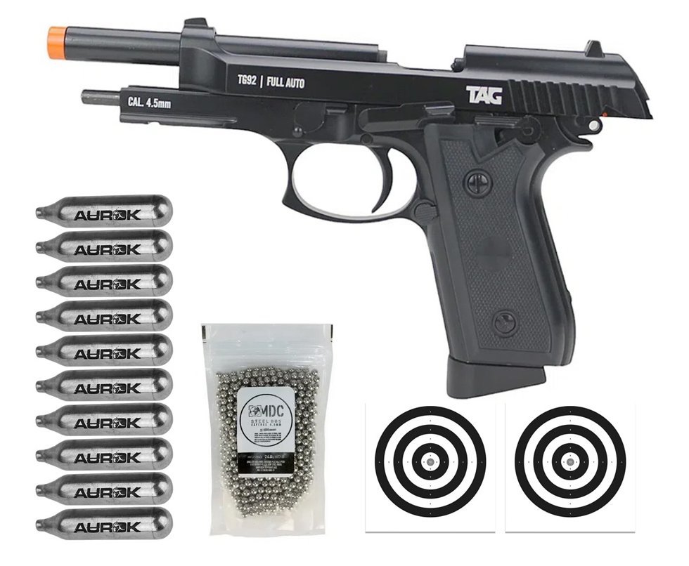 Pistola de Pressão CO2 PT92 Full Auto 4,5mm Blowback Metal TG92 KWC TAG + Co2 + BBs + Alvos