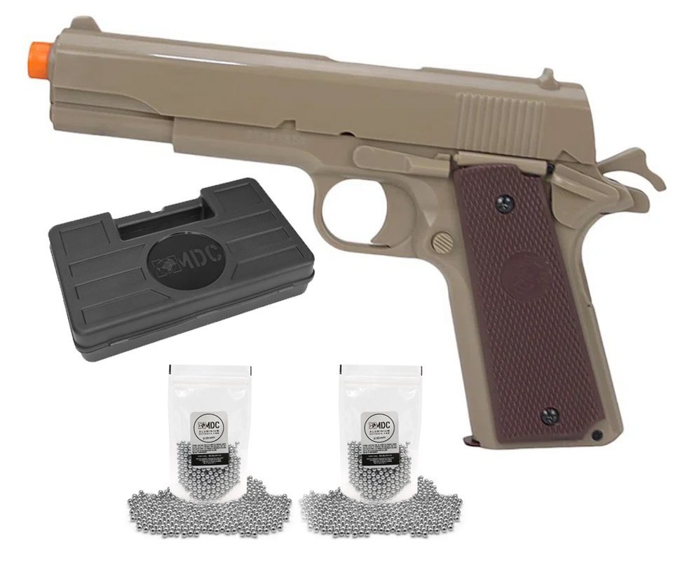 Pistola de Pressão Spring 1911 6mm Esferas de Alumínio Tan - KWC Rossi + BBs + Case