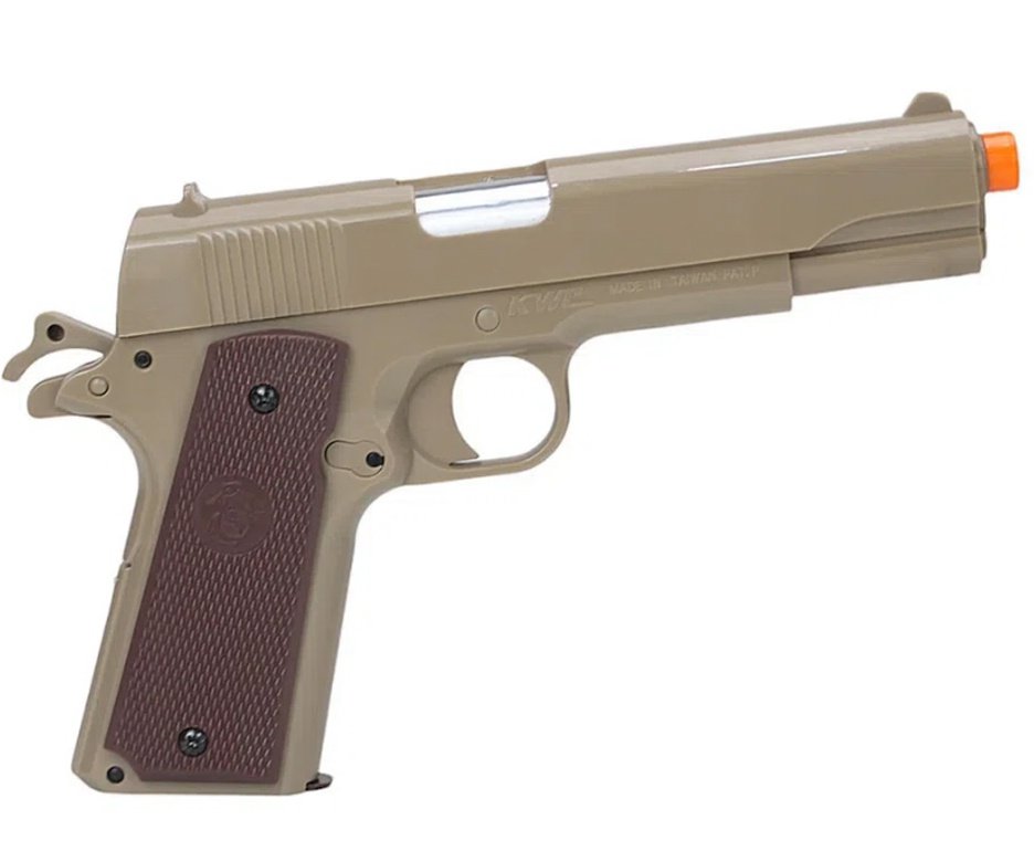 Pistola de Pressão Spring 1911 6mm Esferas de Alumínio Tan - KWC Rossi + BBs + Case