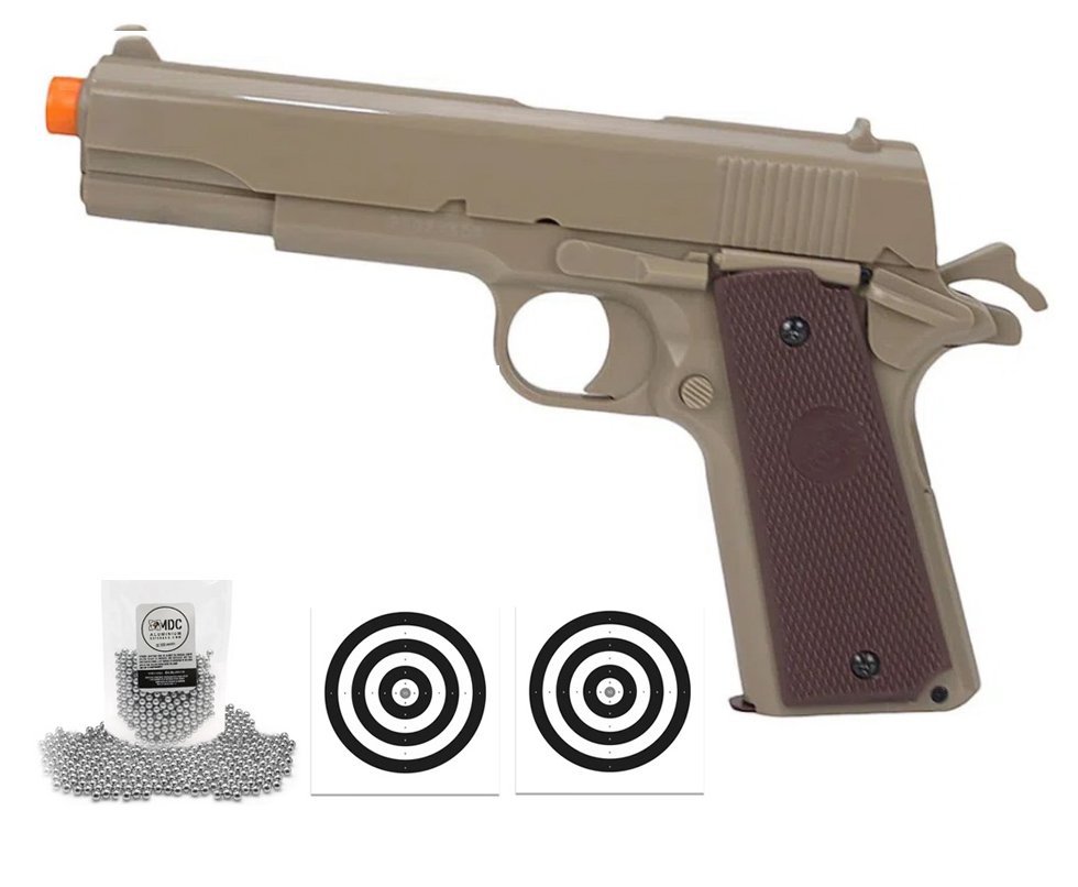 Pistola de Pressão Spring 1911 6mm Esferas de Alumínio Tan - KWC Rossi + BBs + Alvos