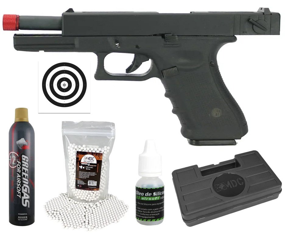 Pistola de Airsoft Gas Green Gas Glock R18 Blowback GBB 6mm Rossi + BBs + Green Gás + Case + Oleo de Silicone + Alvo