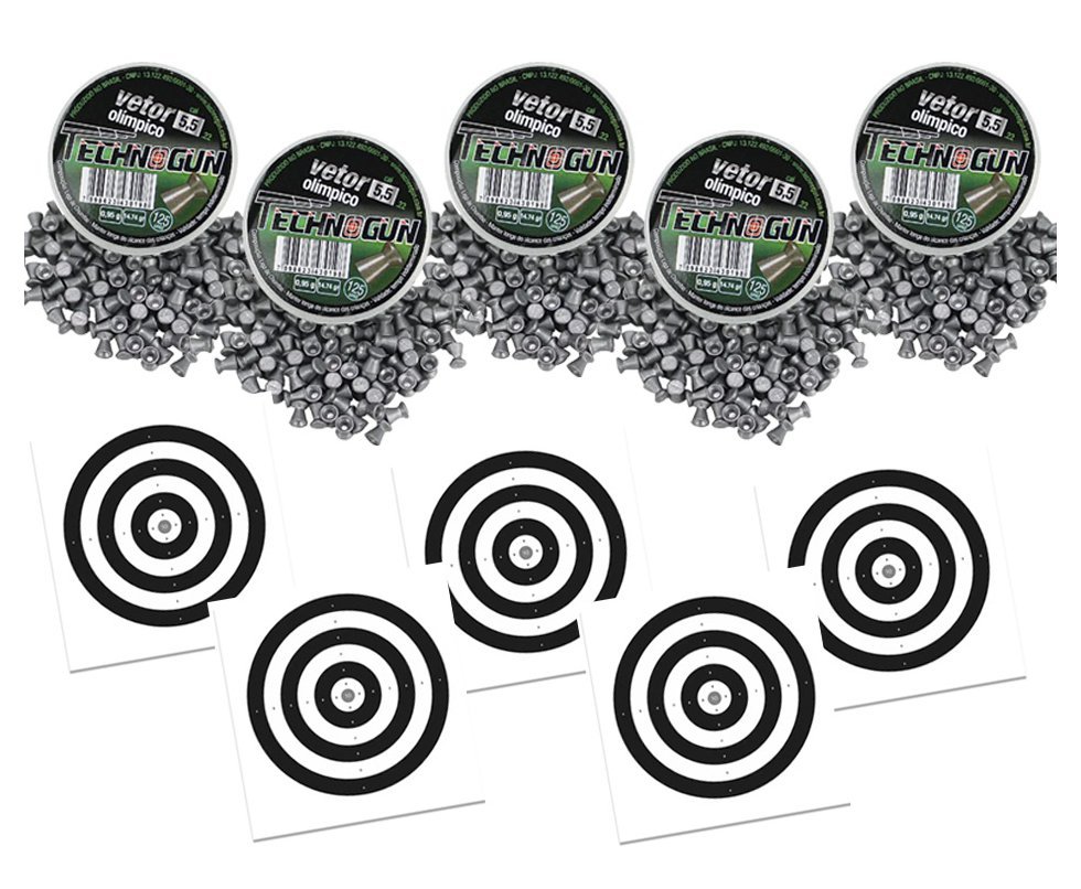 Kit 05 Chumbinho Vetor - Calibre 5,5 Mm - Com 125 Unidades - Technogun + 50 Alvos