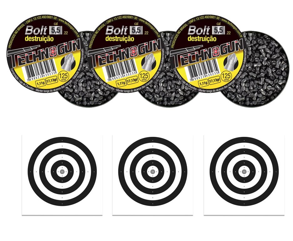 Kit 03 Chumbinho Bolt Destruição Cal 5,5mm Com 125unds - Technogun + 30 alvos