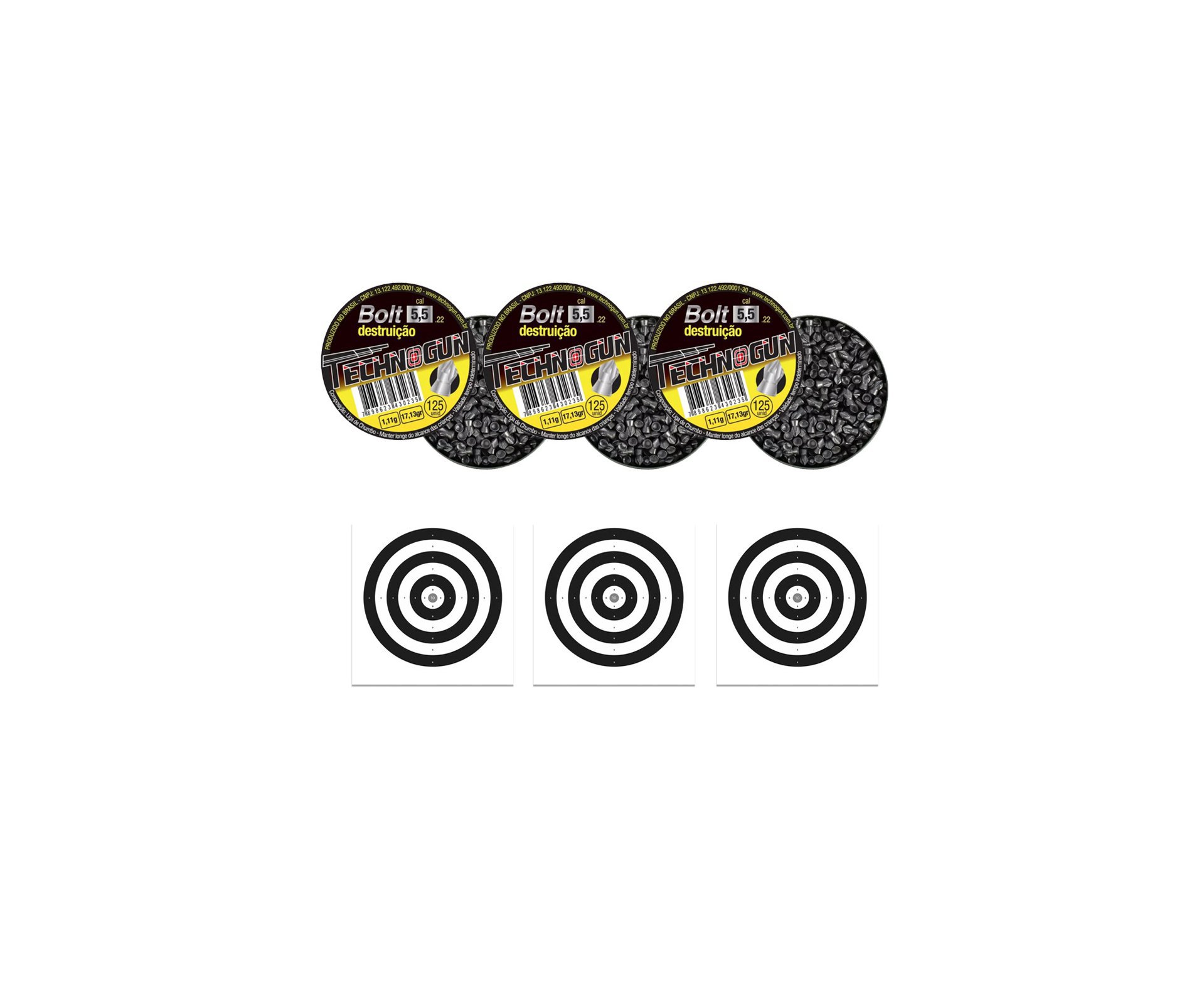 Kit 03 Chumbinho Bolt Destruição Cal 5,5mm Com 125unds - Technogun + 30 alvos