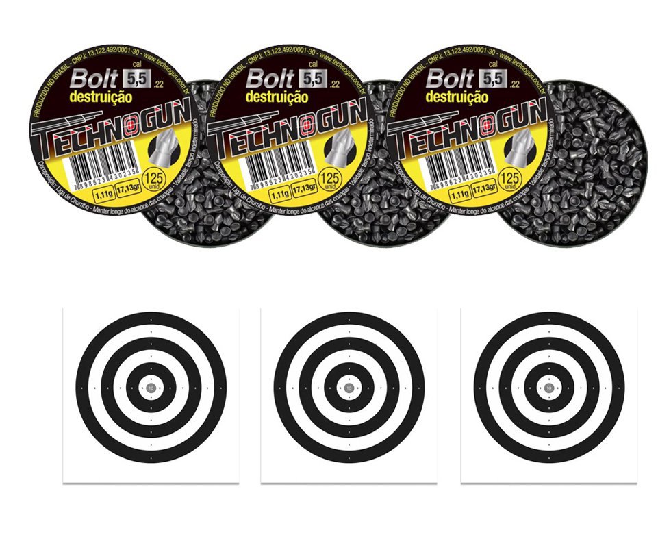 Kit 03 Chumbinho Bolt Destruição Cal 5,5mm Com 125unds - Technogun + 30 alvos