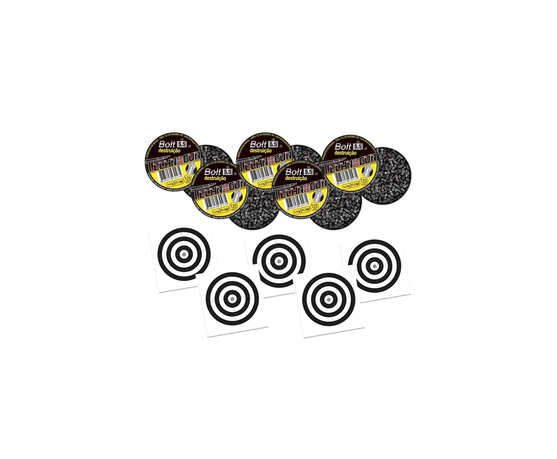 Kit 05 Chumbinho Bolt Destruição Cal 5,5mm Com 125unds - Technogun + 50 Alvos